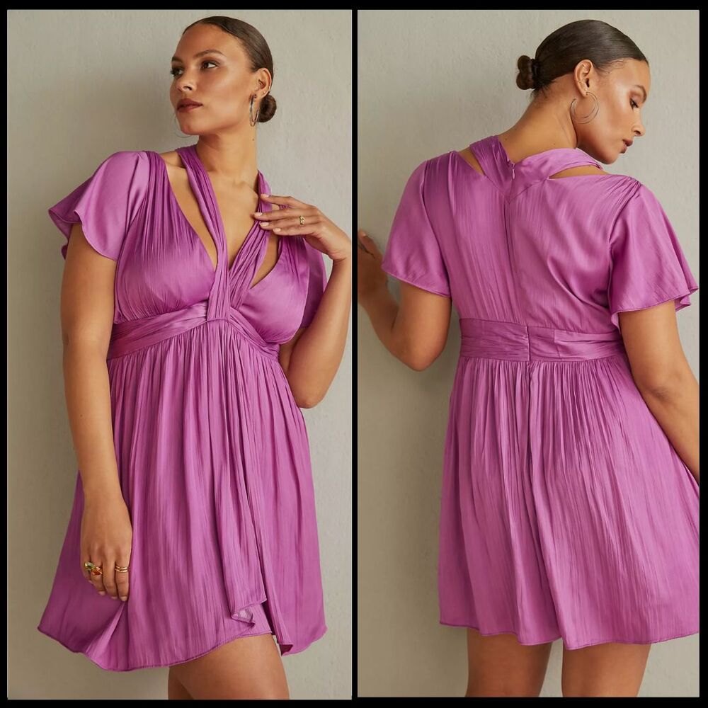 Anthropologie Mini Dress Size 6 Deep V-Neck Vibrant Purple/Fuchsia‎ Satin